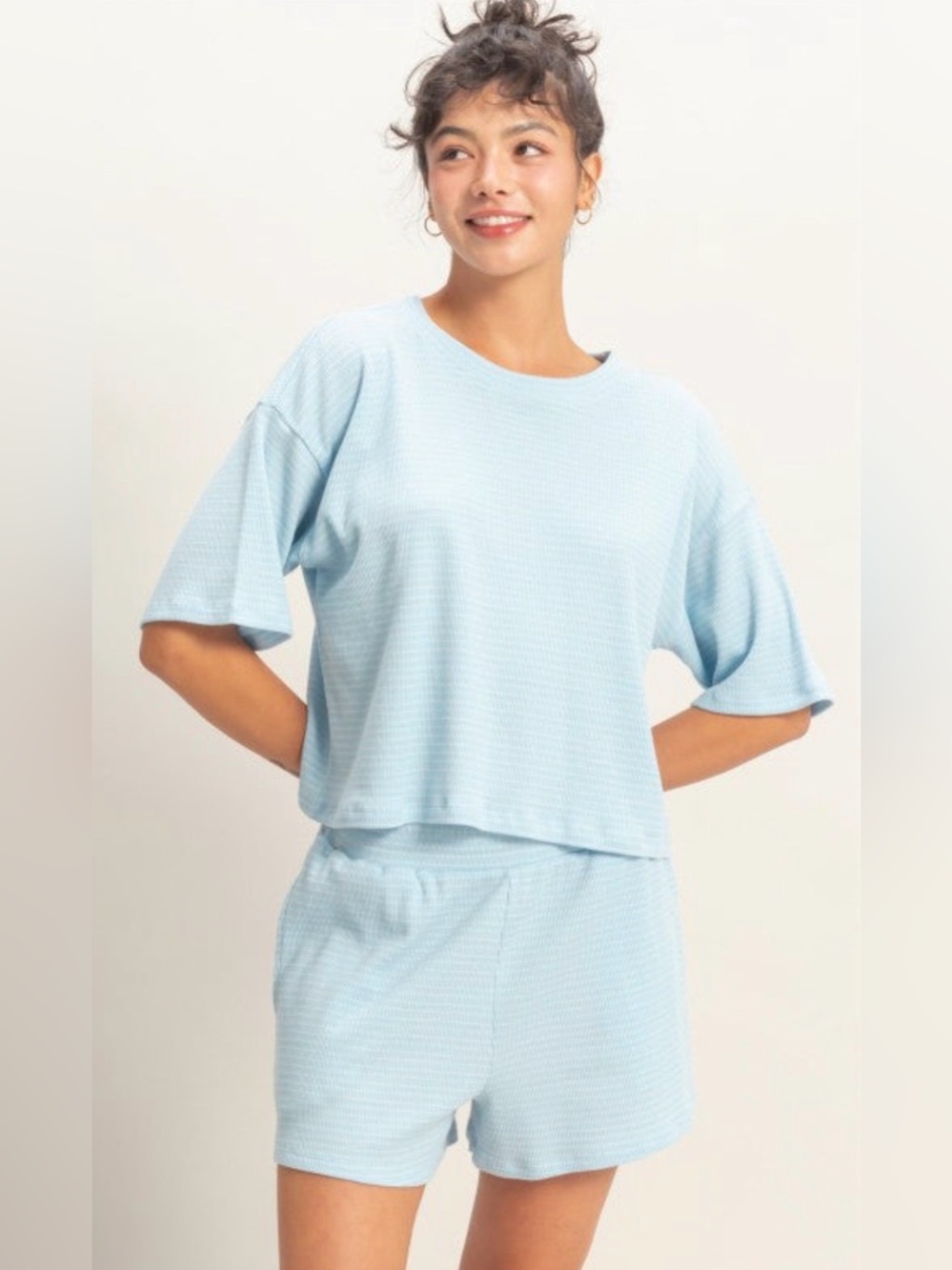 27 Double Zero Light Blue Waffle Knit Short Set